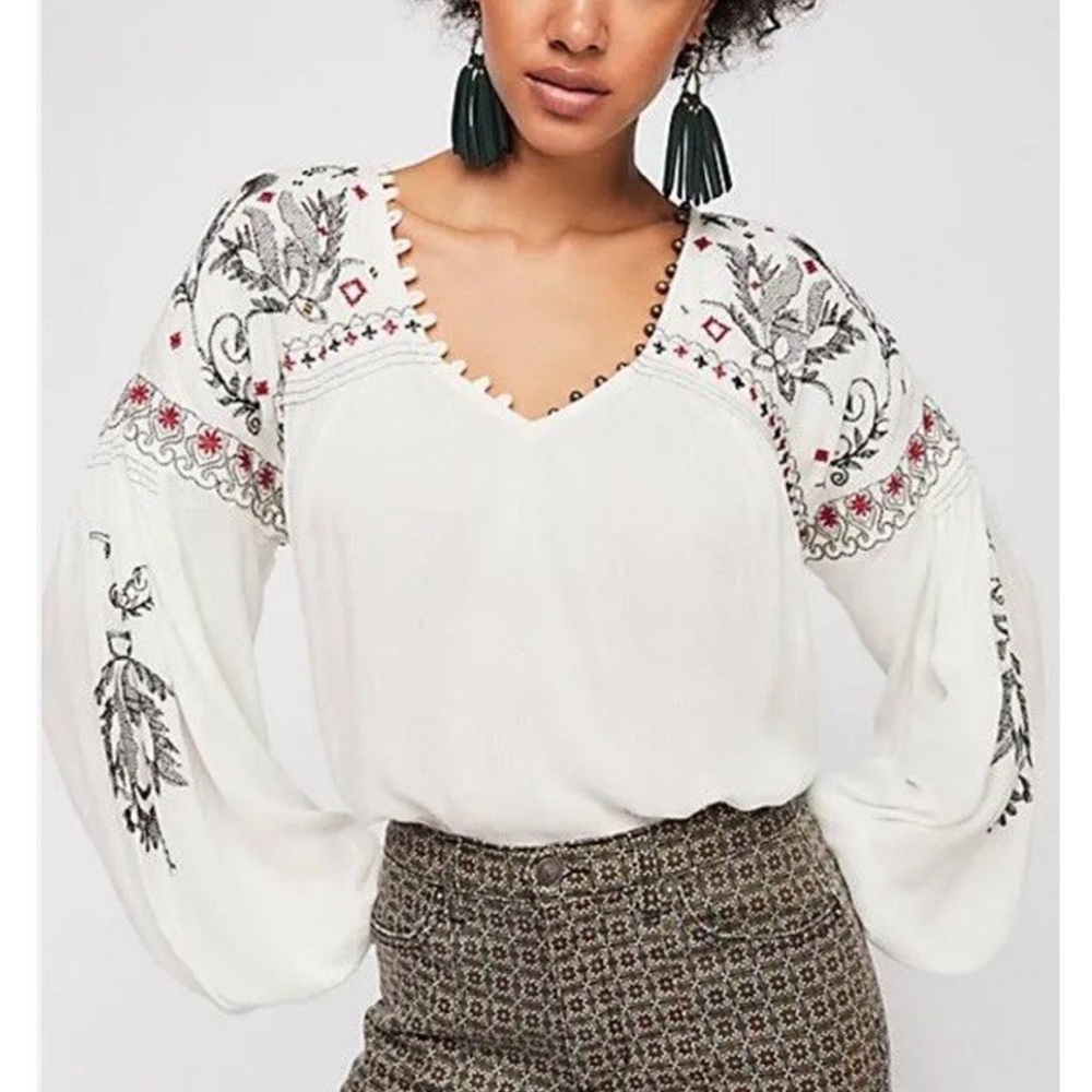 Free People Rock It Tonight Embroidered Peasant Blouse Womens size S Small Boho